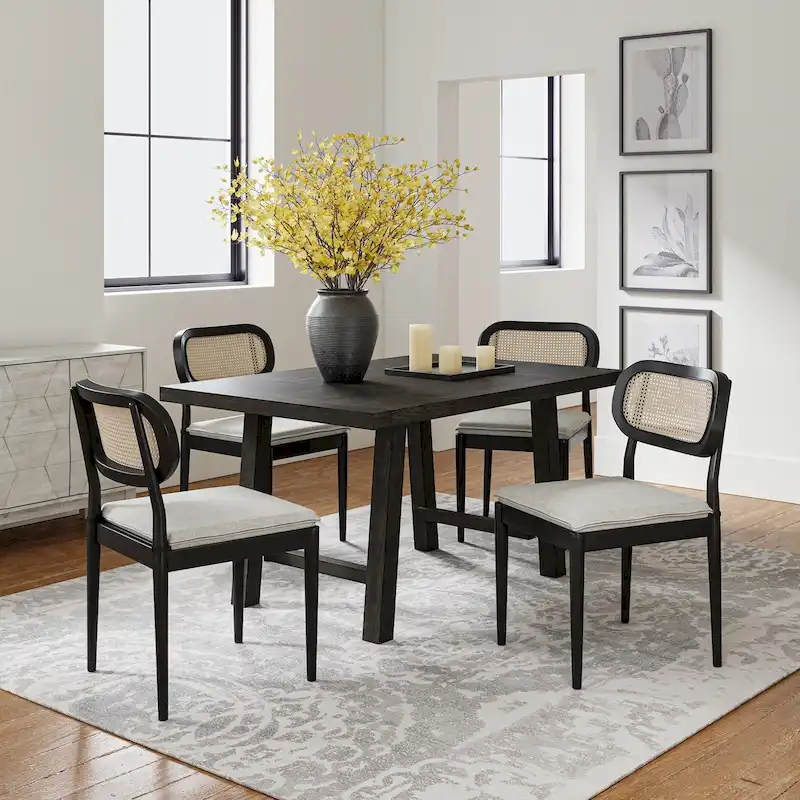 Modern Solid Wood Dining Chair with Rattan Back and Removable Cushion