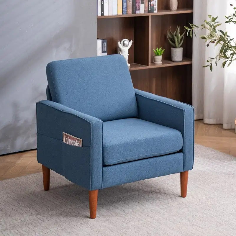 Single-Seat Accent Chair – Blue / Creamy White / Grey, Solid Wood Legs