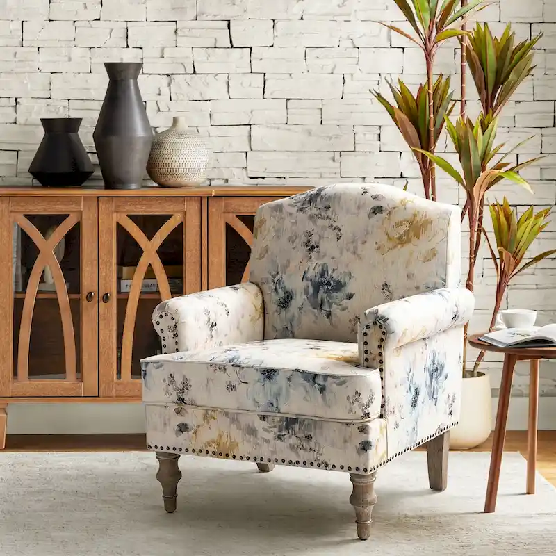 Grey/Navy Farmhouse Nailhead Camelback Armchair, 1-Person