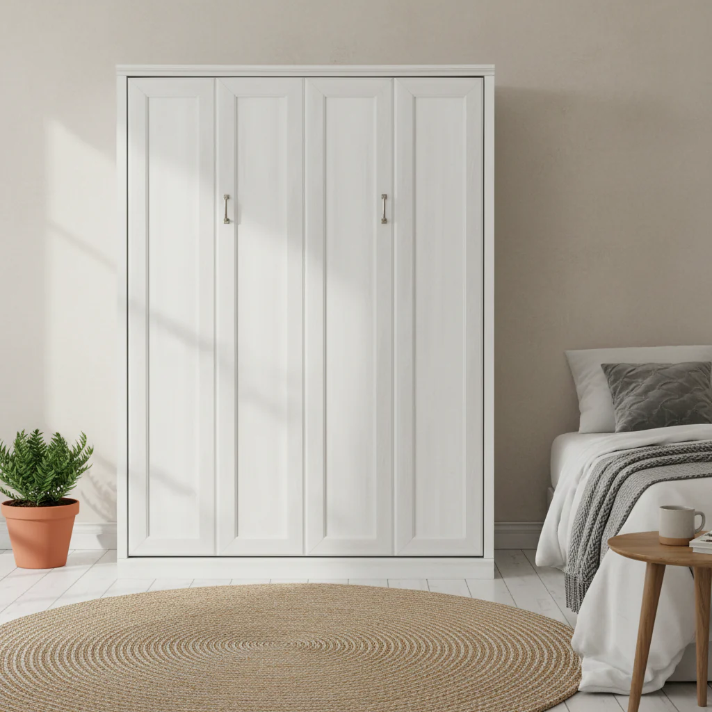 Rustic White Full Size Murphy Wall Bed – Dual Piston, Metal Frame, Fits 1–2 People