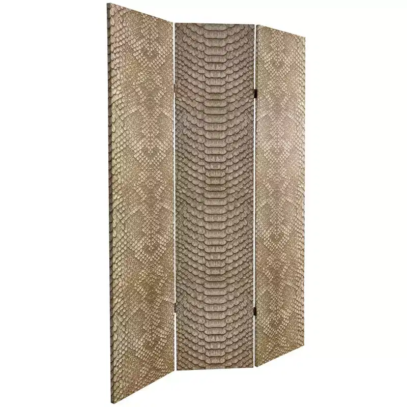 6" Double Sided Snake Print Canvas Room Divider Tan - Oriental Furniture: No Assembly, 3 Panels