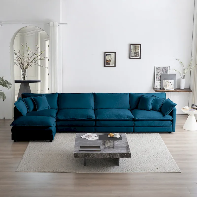 Modular U-Shaped Sectional Sofa - 5-Seater Convertible Couch with Ottoman, Blue Chenille Fabric, Solid Wood Frame, Living Room Furniture