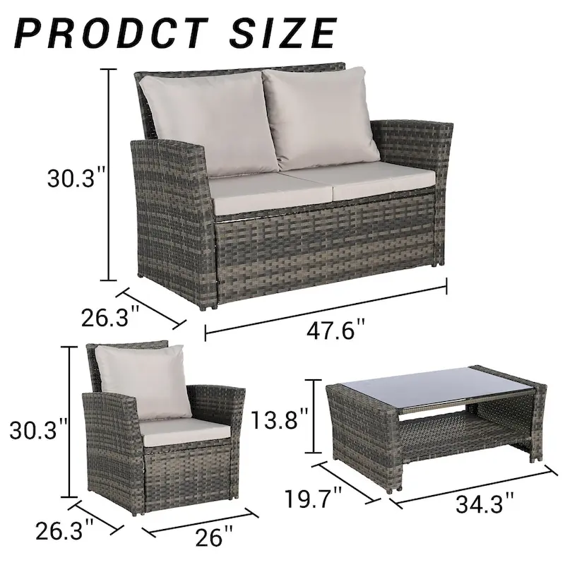 4-Piece Rattan Conversation Sofa Set with Glass Table