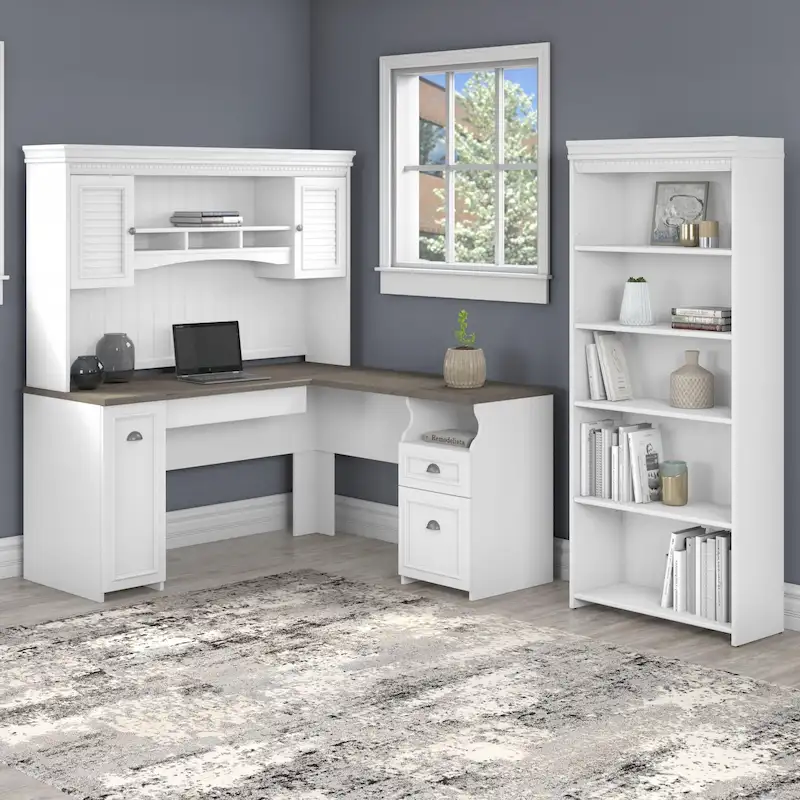 Fairview 60W L Shaped Desk with Hutch and Bookcase by