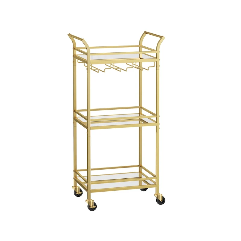 Gold / Black 3-Tier Bar Cart with Mirrored Shelves & Wine Glass Rack