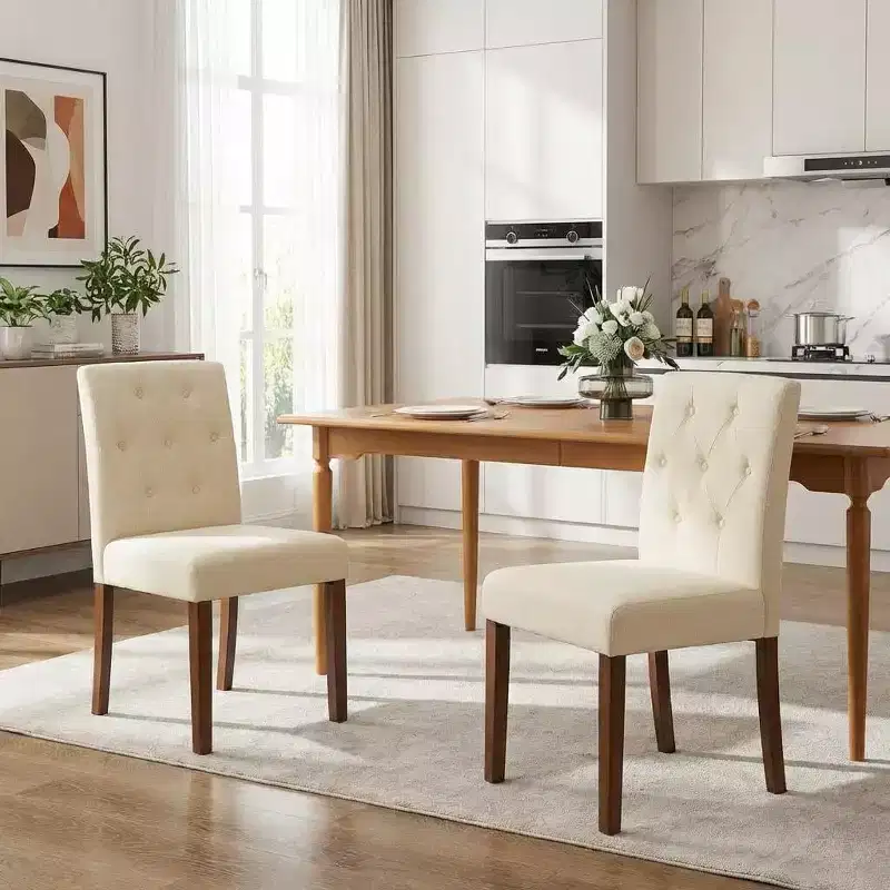 2-Piece Upholstered Dining Chairs Set - Modern Button Tufted Kitchen Chairs with Wood Legs & Padded Seats (Standard Size)