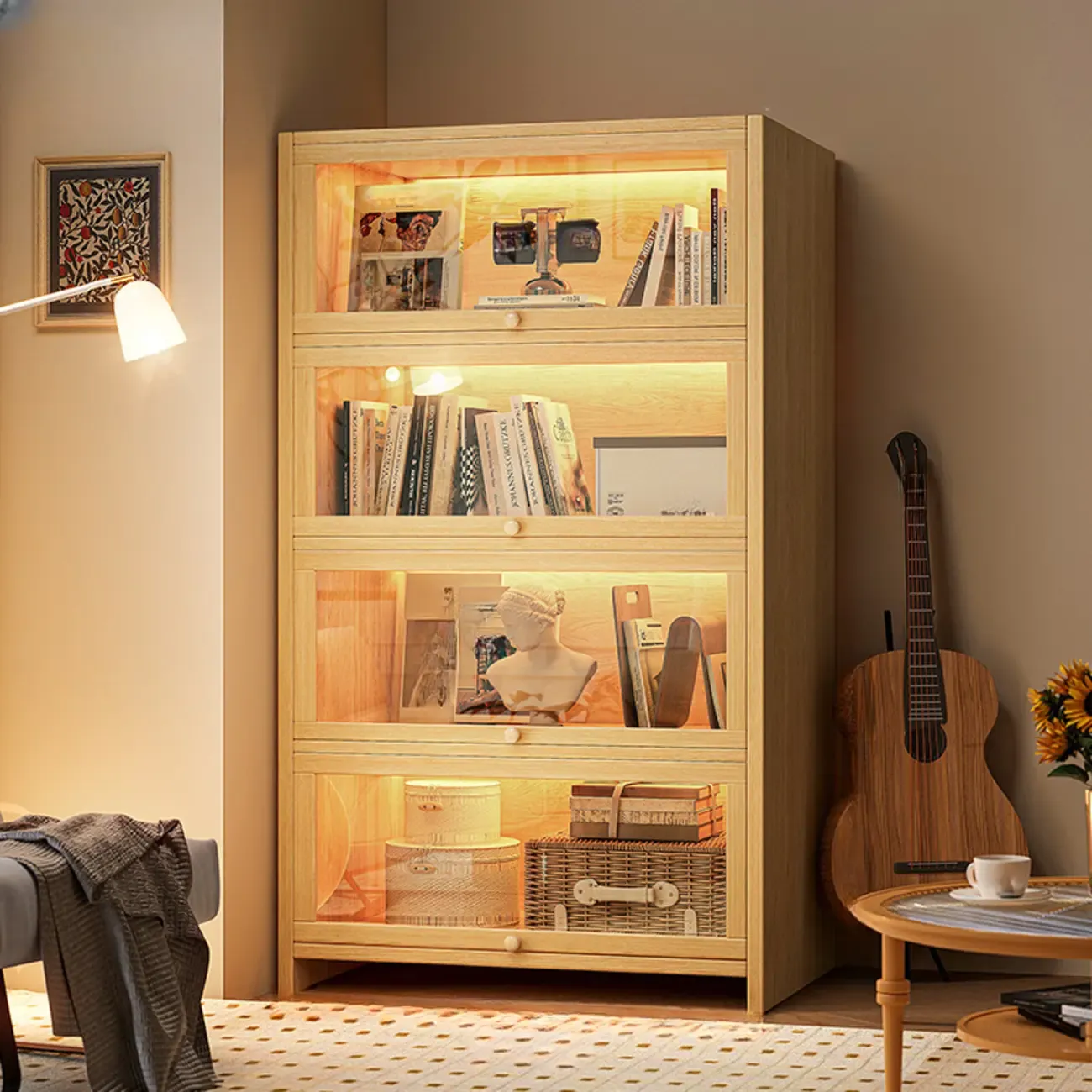 Scandinavian Natural 5-Tier Wood Bookcase with Flip-up Doors