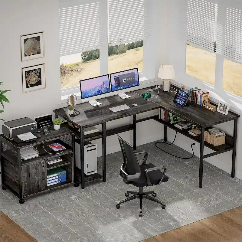 Reversible L Shaped Desk with Storage Shelves, Home Office Corner Desk with Charge Station