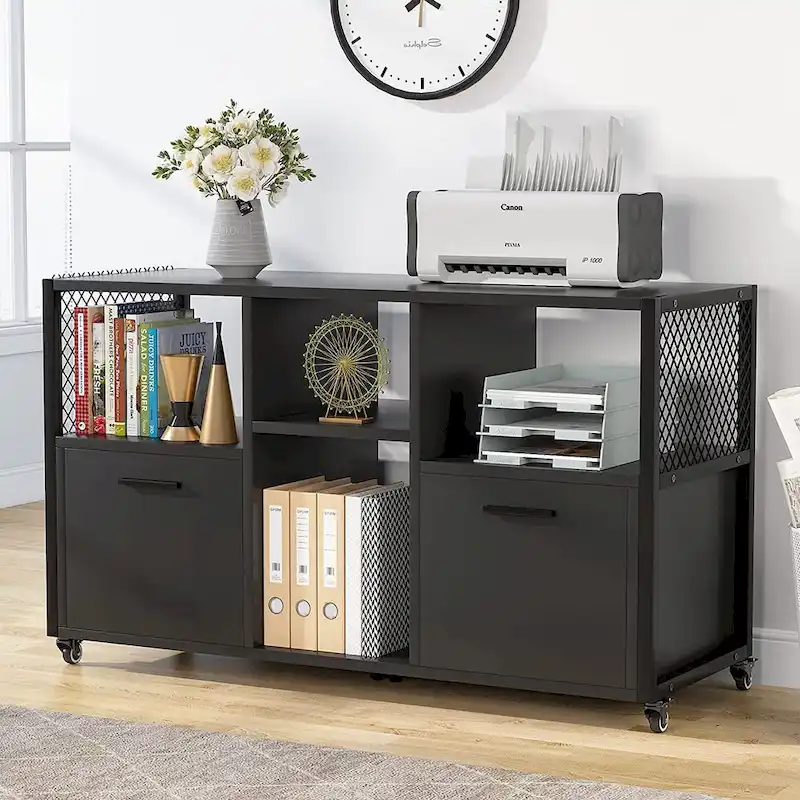 Black Mobile File Cabinet with 4 Shelves - Rolling Storage