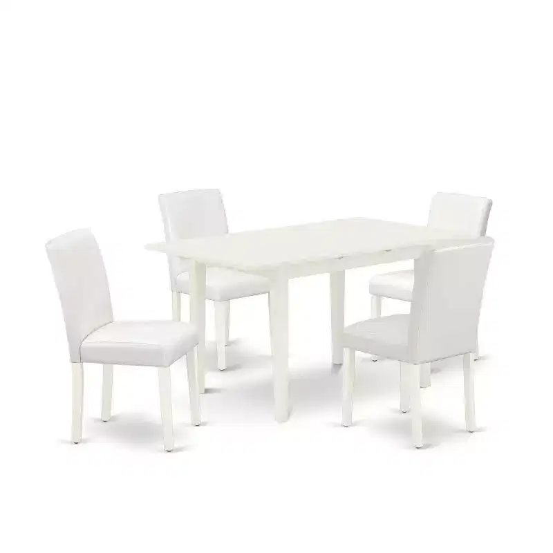HomeStock 5-Pc Linen White Finish Solid Wood Top-Rectangular Upholstered Dining Room Set with Butterfly Leaf-Seats 4