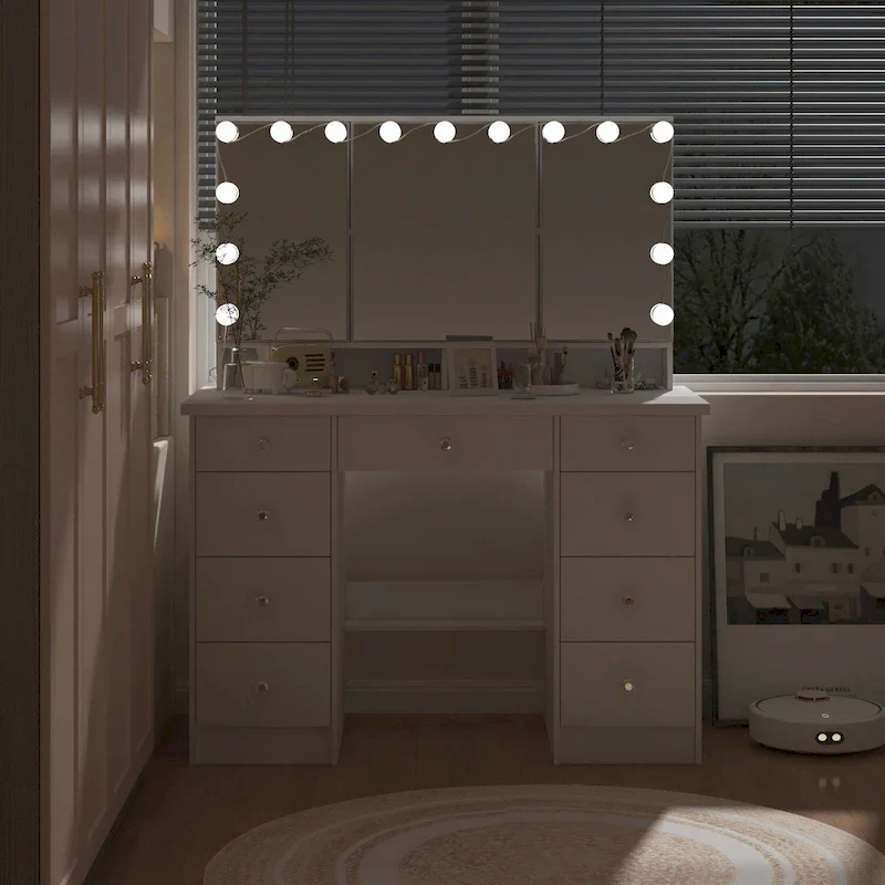 Luxurious LED Makeup Vanity with 9 Drawers Elegant Makeup Station