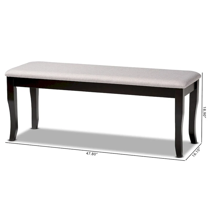 Modern Transitional Upholstered Dining Bench — Dark Brown Oak & Rubberwood, Cabriole Legs