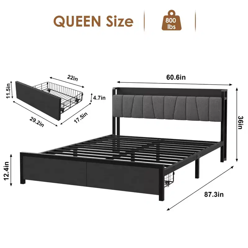 Garvee Queen Size Bed Frame with Storage Headboard, Industrial Queen Platform with 2 Drawers and Charging Station, Black No Box Spring Needed Bedframe