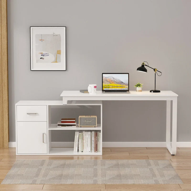 Timechee 55-inch L Shaped Office Computer Desk w/ Drawers Cabinet, White