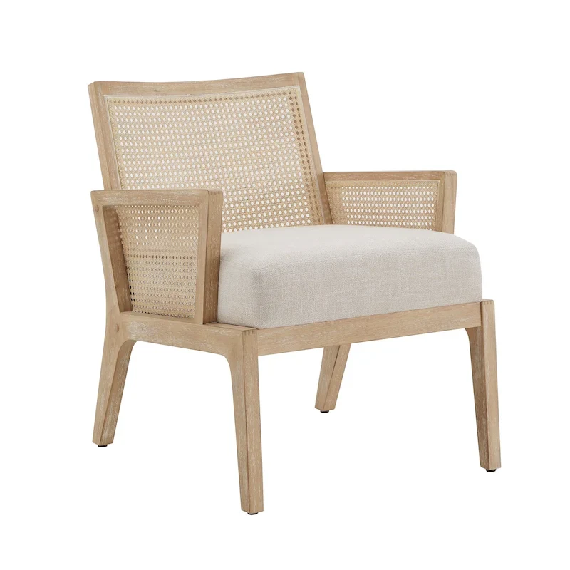 Beige Fabric Rattan Cane Accent Chair, Single
