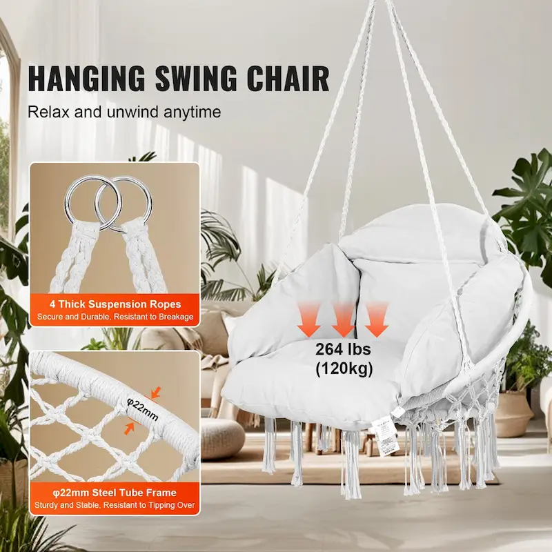 Hanging Hammock Swing Chair, Macram Hanging Chair with Cushion and Mounting Hardware, Cotton Rope Swing Chair