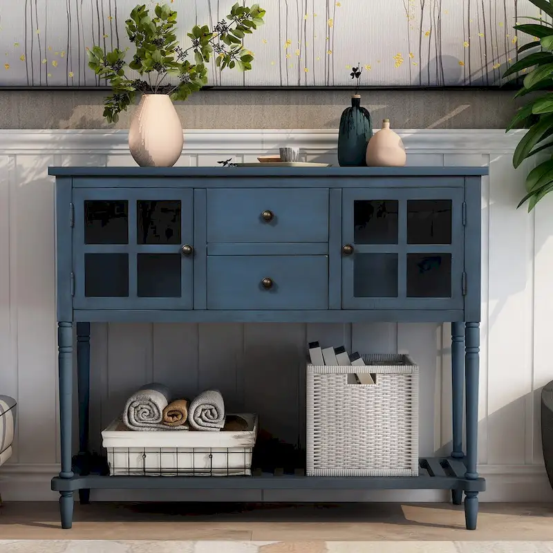 Farmhouse Antique Navy Wood Sideboard Console Table with Bottom Shelf - N/A