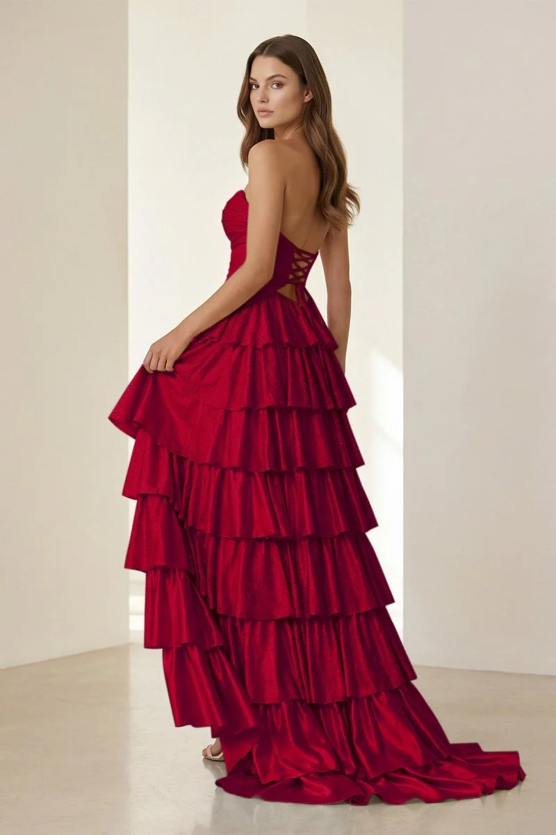 Yellow Strapless A Line Satin Beaded Long Prom Dresses With Ruffles