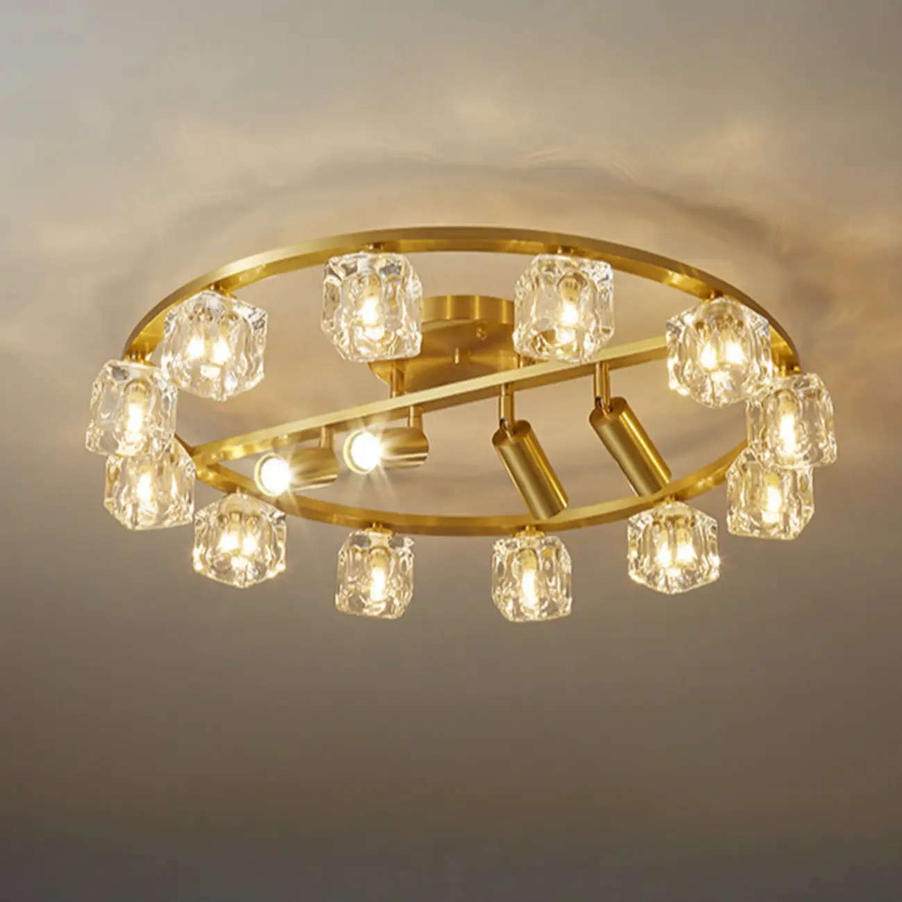 Gold Circle Cube Crystal Semi Flush Ceiling Light with Spotlights