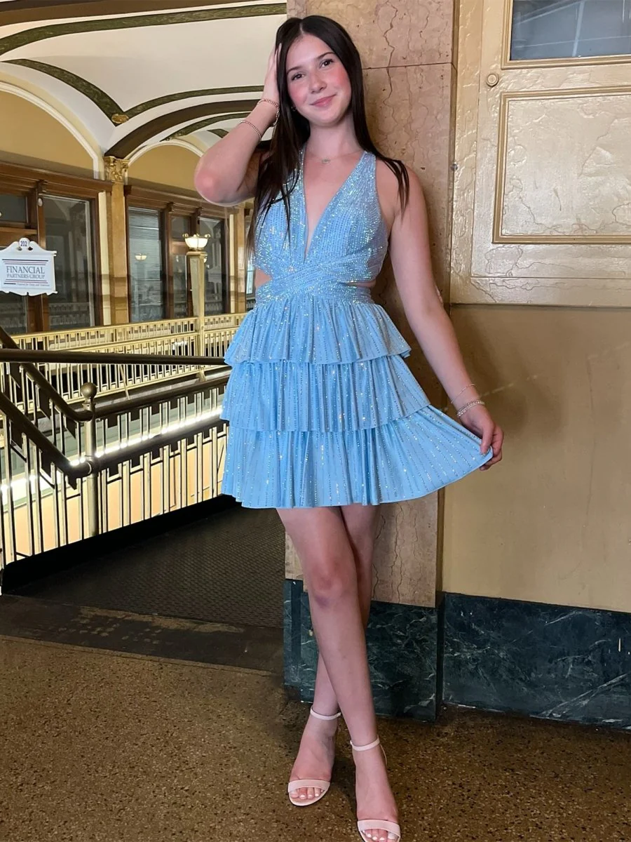 Blue - V Neck A Line Cutout Satin Tiered Homecoming Dress With Beading