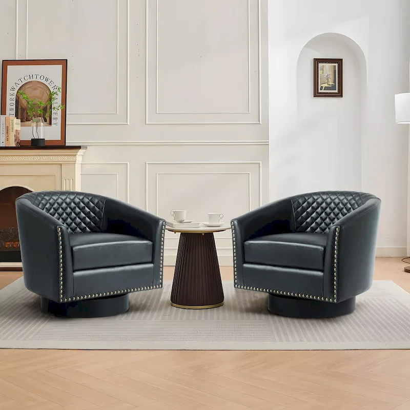 Faux Leather Nailheads Swivel Barrel Chair Set of 2