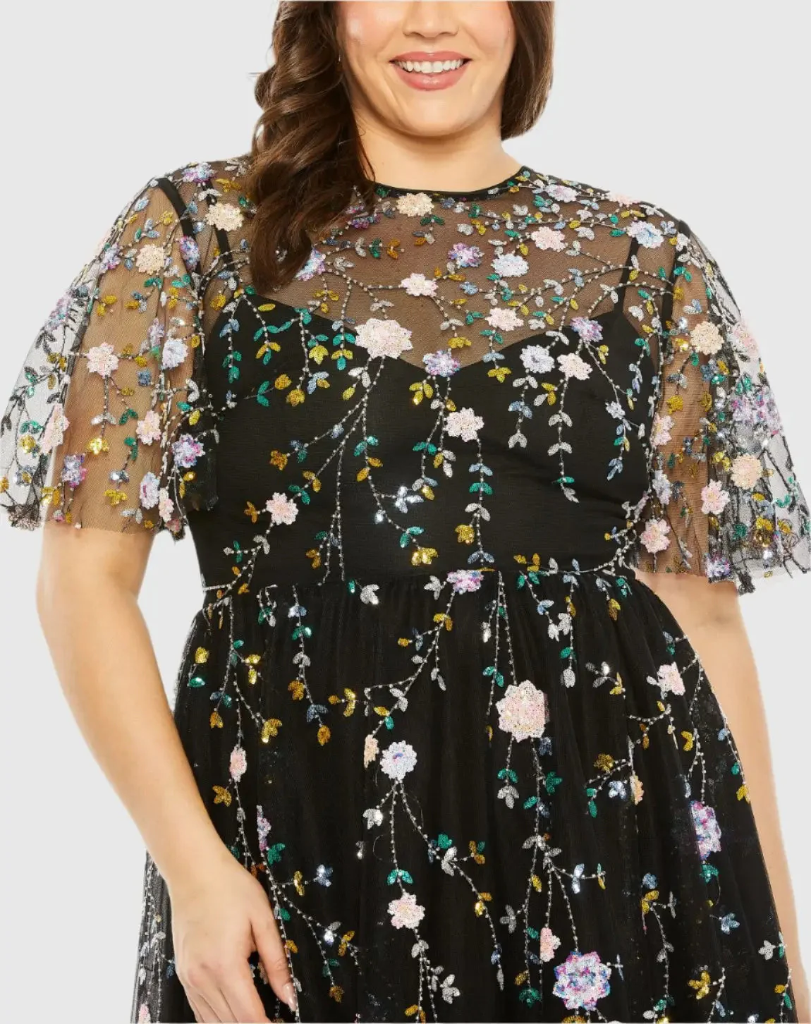 Black Floral Embroidered A-Line Midi Dress (Plus)