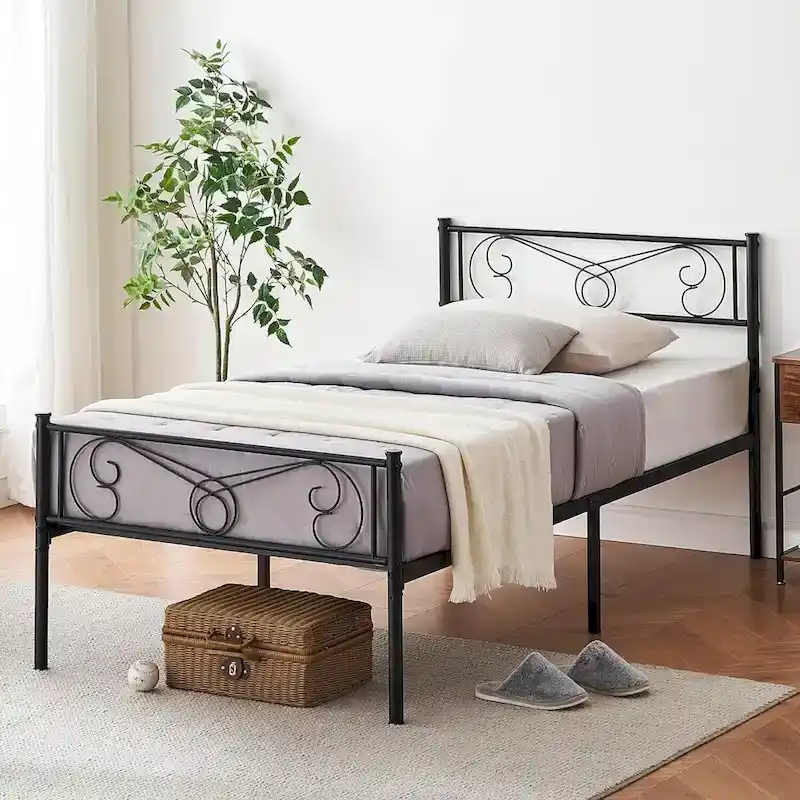 Bed Frame with Storage, with Vintage Pattern Headboard and Footboard, Load Up to 800Lbs