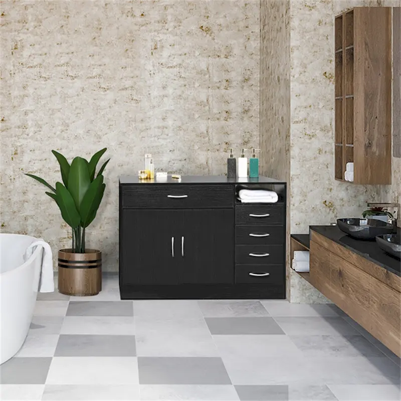 Black Double-Door 5-Drawer Bathroom Storage Cabinet, 1-Person Assembly