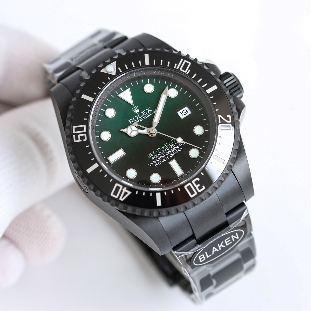 Black DLC coated Rolex Sea-Dweller replica front view with green dial and ceramic bezel