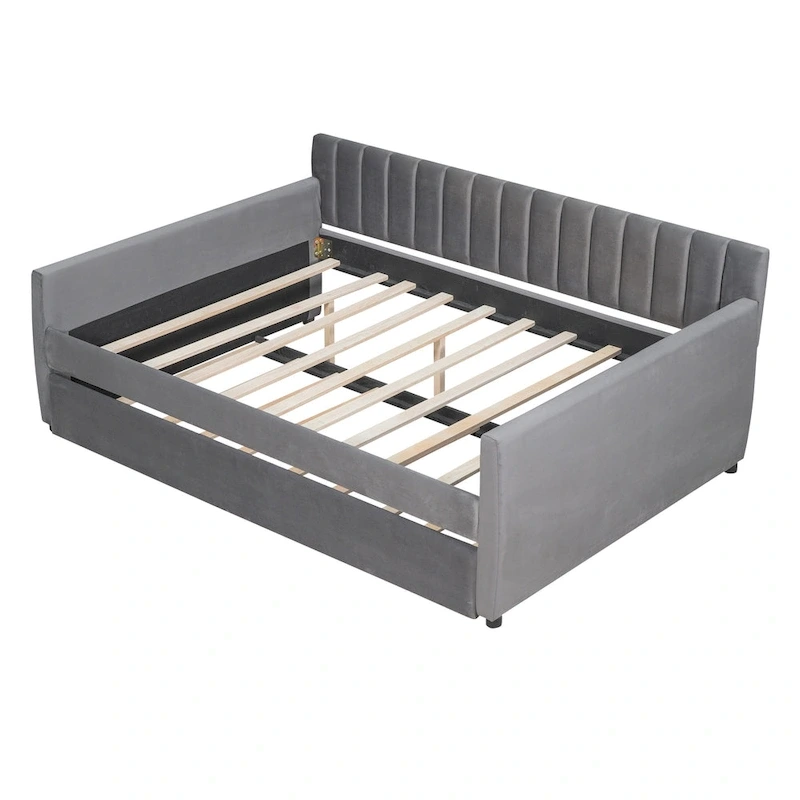 Full Velvet Daybed with Trundle & Wood Slats