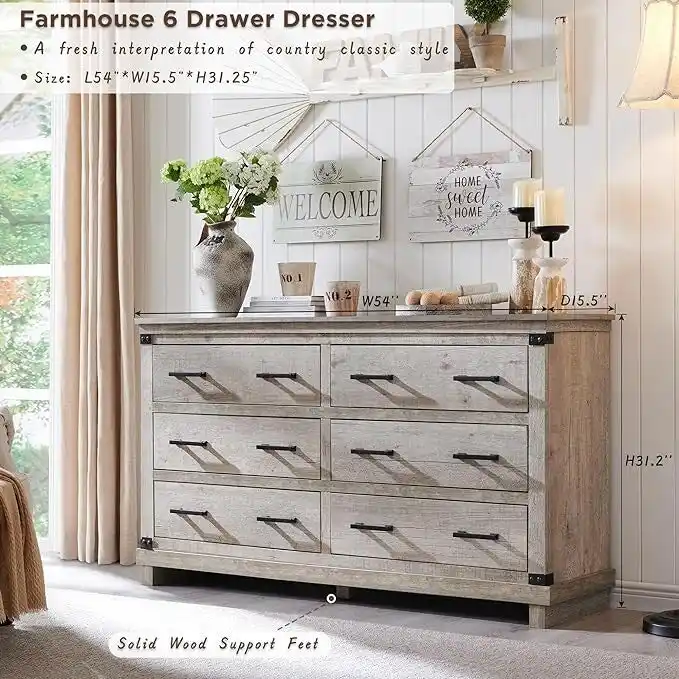 Farmhouse 6 Drawers Dresser, Wood Chest of Drawers, Closet Dresser
