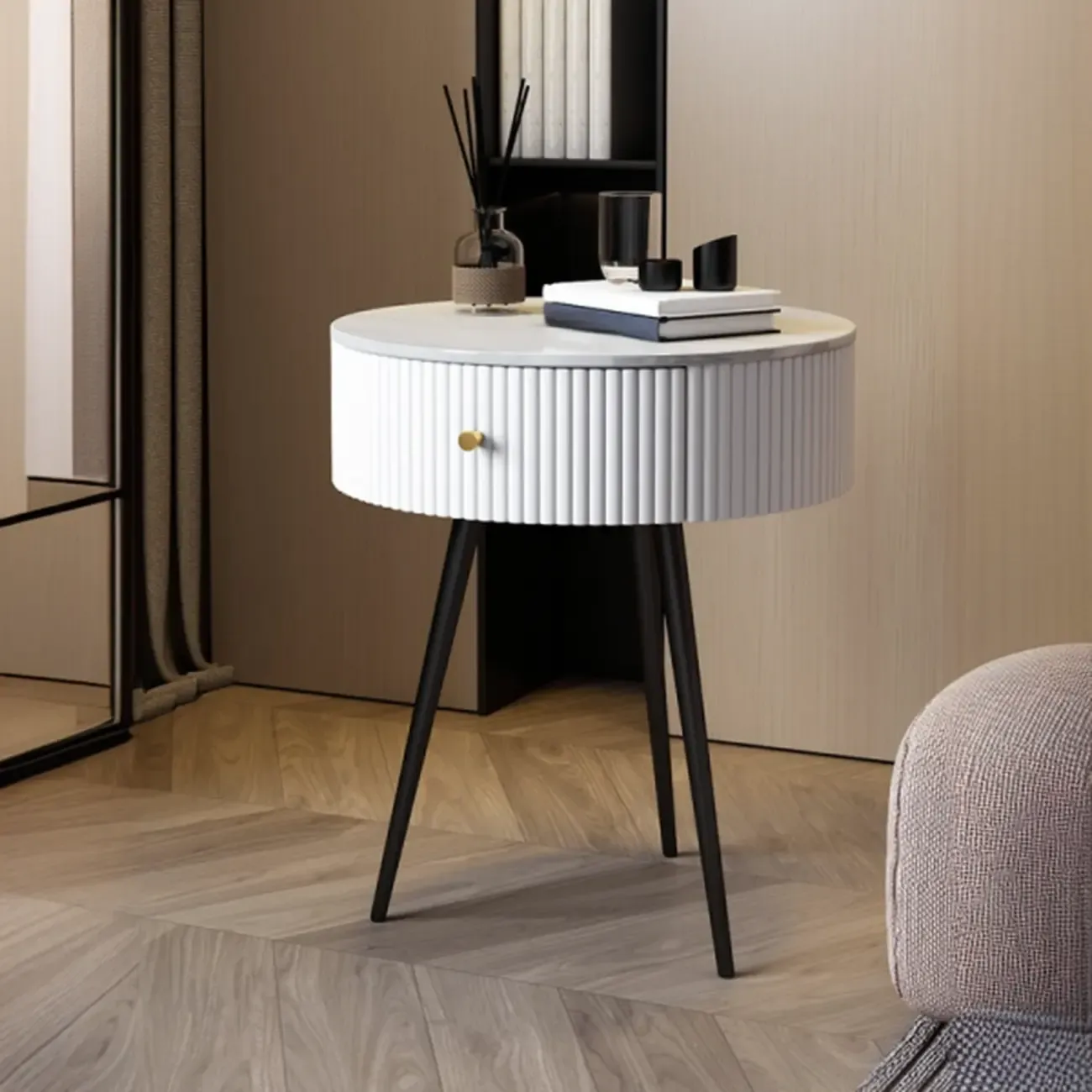 Modern Sintered Stone Top Round Drawer Tripod Nightstand