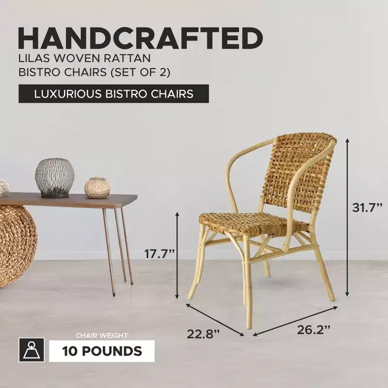 texxture 2 Pack Lilas Woven Rattan Bistro Chairs, Indoor Outdoor Dining or Kitchen Accents for Porch Table, Rattan Pole Frame, Home Furniture, Natural
