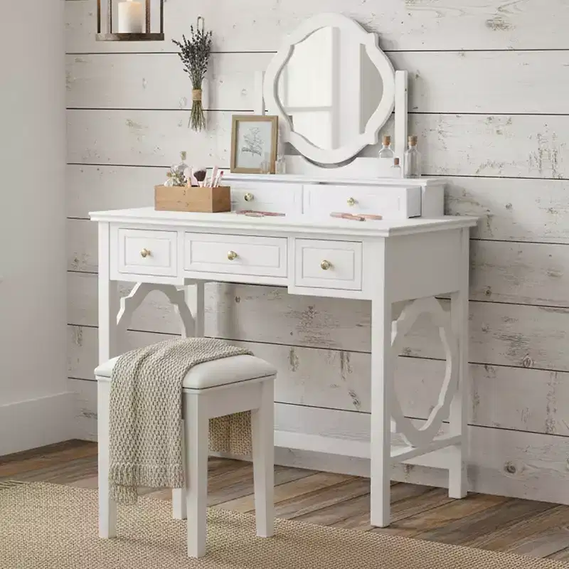 Elegant Makeup Vanity Desk with Stool, Reversible Mirror & 5 Drawers, White Vanity Table Set Dressing Table Space-Saving Beauty Station - ModernLuxe