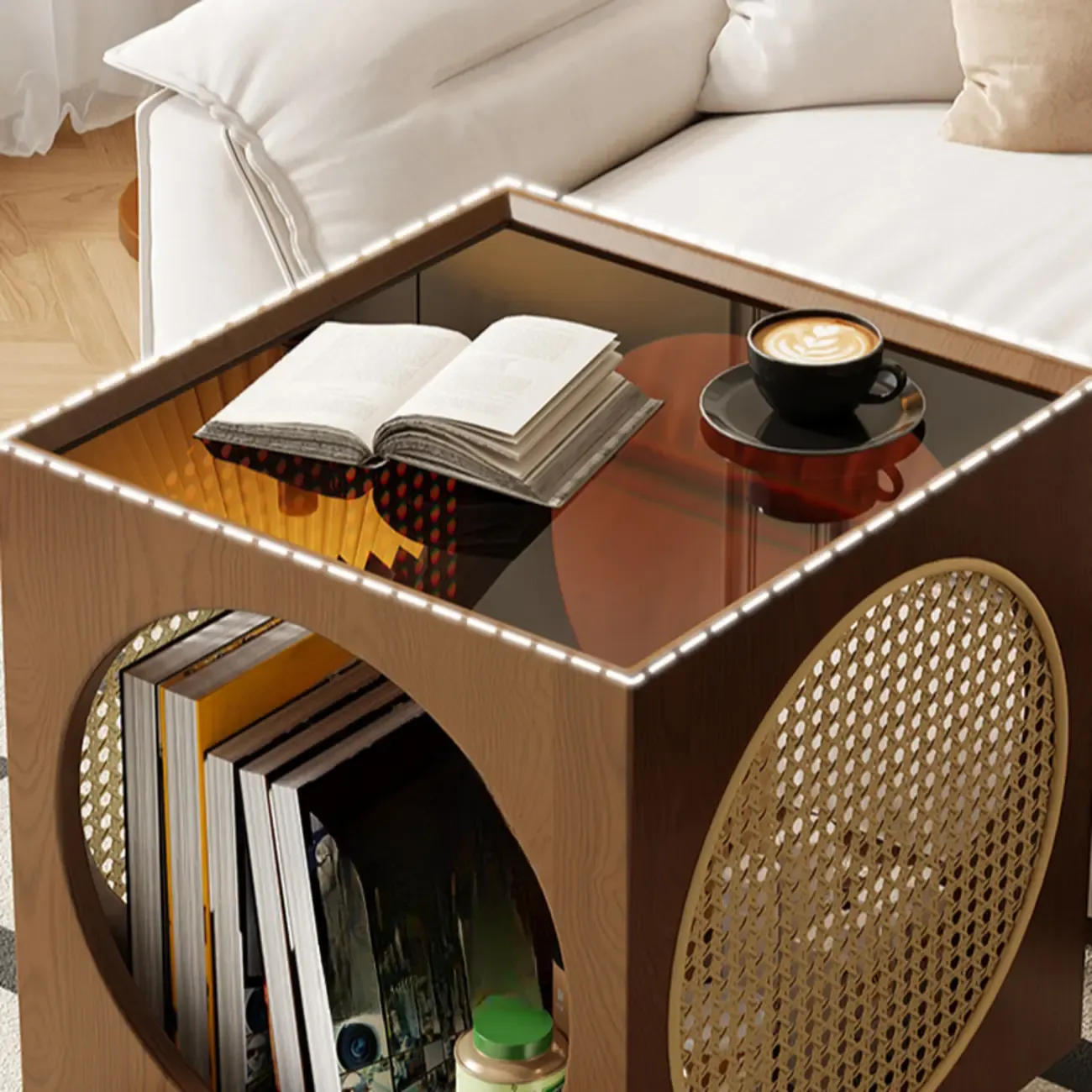 Mid-Century Modern Rolling Glasstop Square Wood Side Table