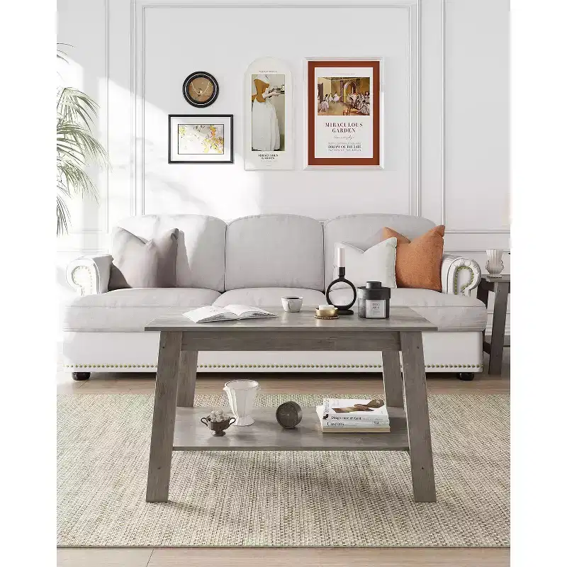 CuisinSmart Farmhouse Wood Coffee Table, with 2 Storage Shelves for Small Spaces, Modern Coffee Table