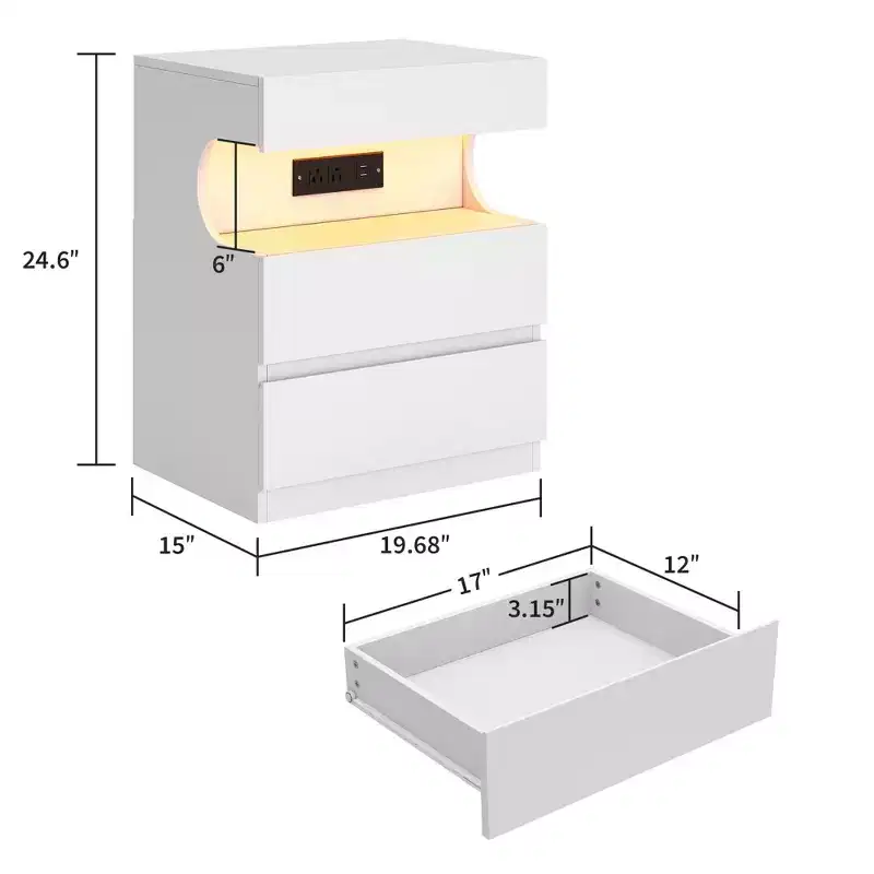 Modern Nightstand with 3 Drawers, 19W Wooden Bedside Table with Charging Station & Open Shelf, End Side Table for Bedroom, Living Room, White
