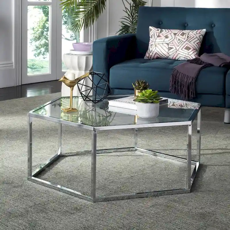 Chrome Hexagon Glass Coffee Table – Modern Style, 1-Piece Accent