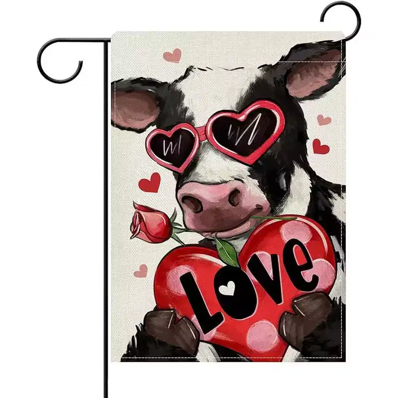 Lomsoe Welcome Valentines Cow Garden Flag Love Hearts Farm Yard Flag Anniversary Wedding Flag Valentines Gift Valentines Decor Single Side 12x18 Inch