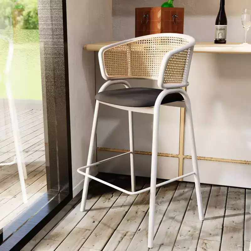 LeisureMod Ervilla Wicker Bar Stool with Fabric Seat and White Steel Frame, Set of 2 for Kitchen Island, Home Bar, Counter, Dining, Indoor Use