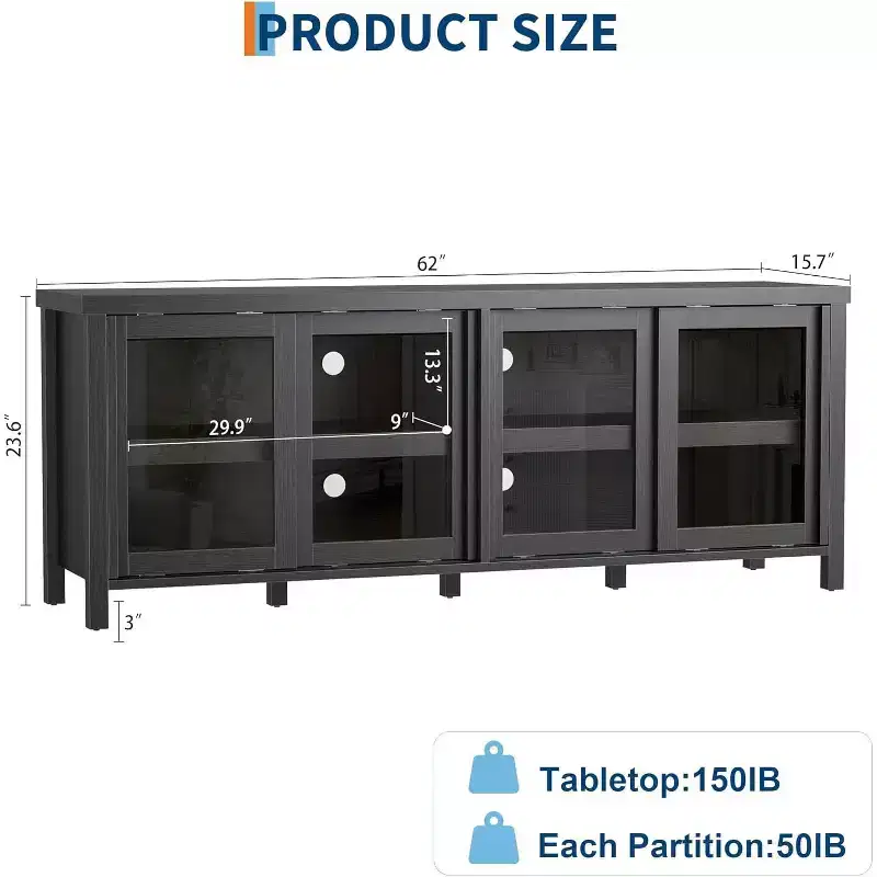65 Inch Mid Century Modern TV Stand with 4 Sliding Glass Doors, Storage Cabinet Media Console for Living Room,Finish Entertainment Center