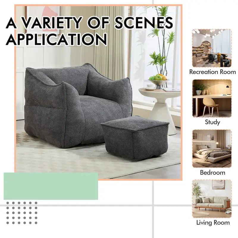 Boucle Upholstered Deep Seat Armless Square Bean Bag Chair with Ottoman