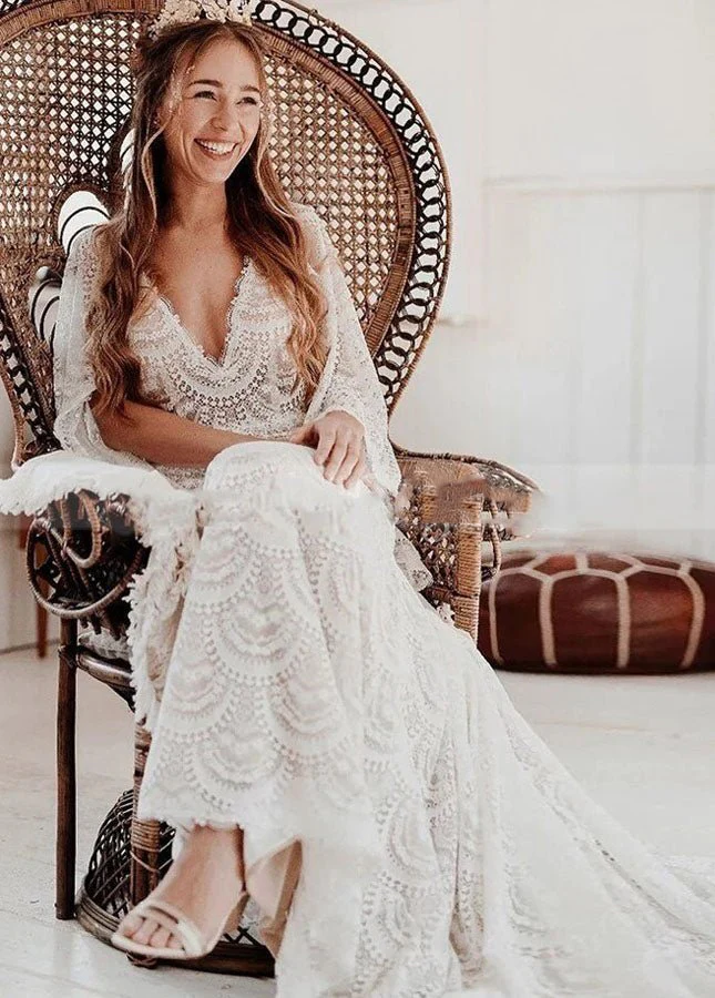 Unique Lace V-Neck Mermaid Bohemian Flare Long Sleeve Beach Bridal Gowns
