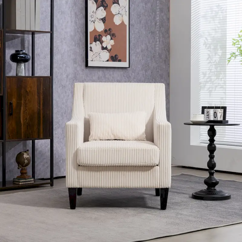 Beige Upholstered Accent Arm Chair with Scooped Arms and Rubber Wood Legs