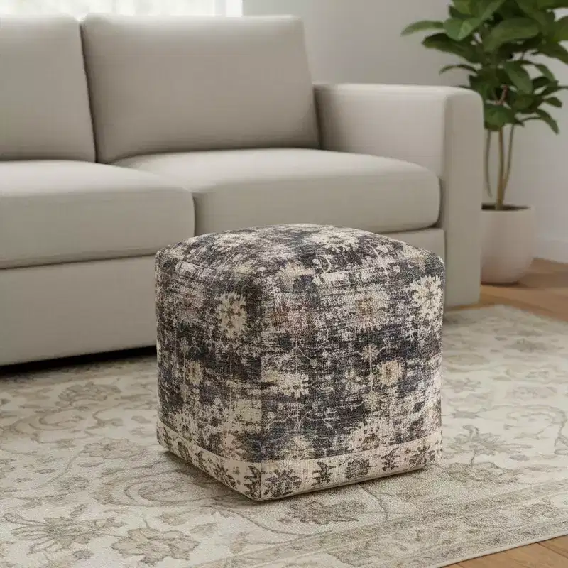 HomeRoots 18 Navy Blue and Tan Upholstered Medallion Pouf Ottoman
