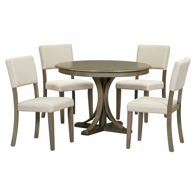 Taupe Retro 5-Piece Wooden Dining Table Set with Curved Trestle Table & 4 Chairs