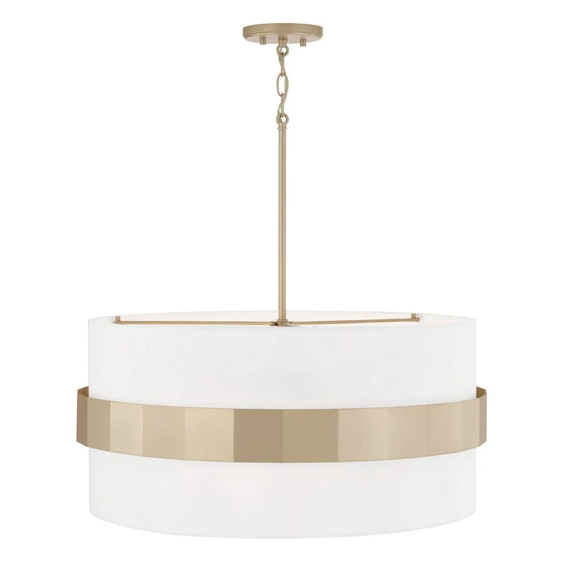 Sutton 4-light Soft Gold Large Drum Pendant w/ White Fabric Shade & Frosted Glass Diffuser