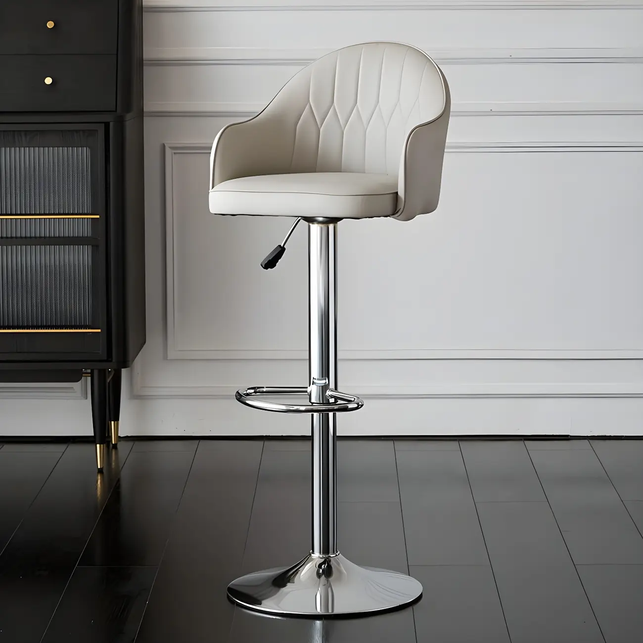 Swivel Upholstered Adjustable Height Home Armed Barstool with Metal Base