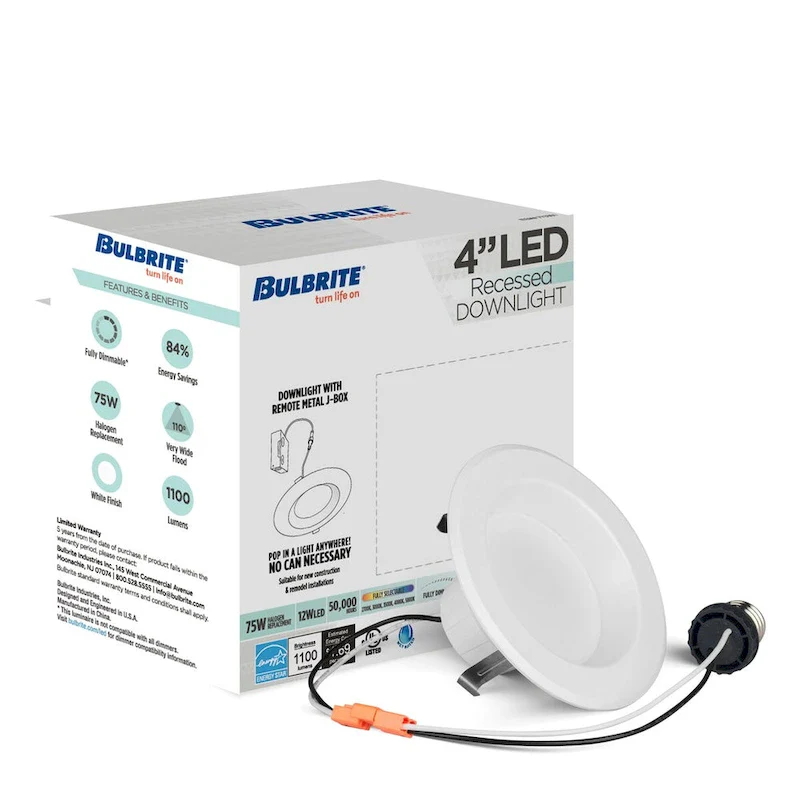 Bulbrite Pack of (4) 12 Watt 4  Integrated LED Recessed Downlight with E26 Quick Connect Adapter - multi