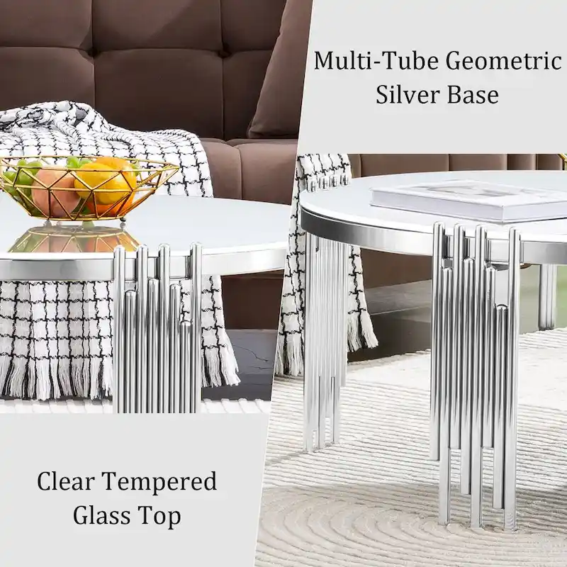Round Tempered Glass Coffee Table with 3 Tiers 360 Degrees Rotating Top